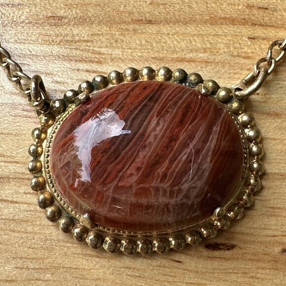 VTG Tie Bar Clip‎ Chain Agatized Arizona Petrified Wood Cabochon Gold Plated 3" - Picture 3 of 7